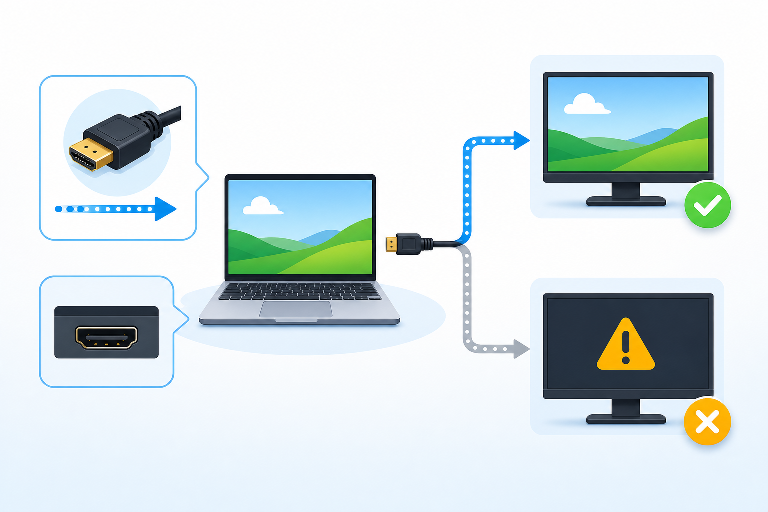 노트북 HDMI 외부 모니터 연결 상태를 비교한 설명형 일러스트