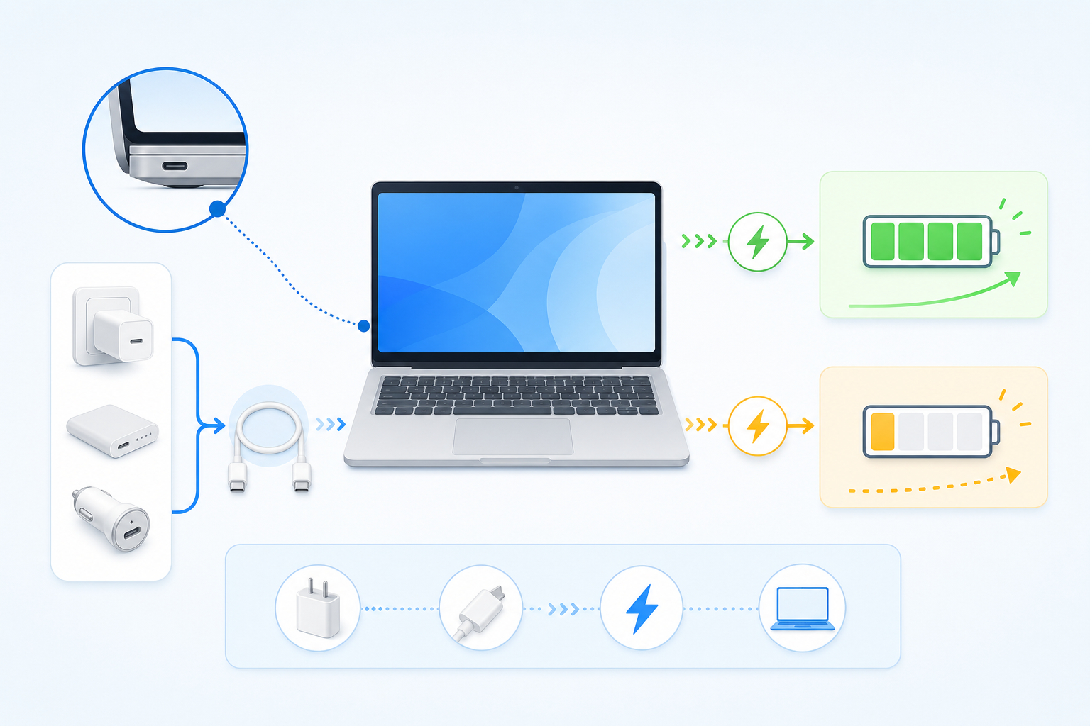 노트북 USB-C 정상 충전과 느린 충전을 비교한 설명형 일러스트
