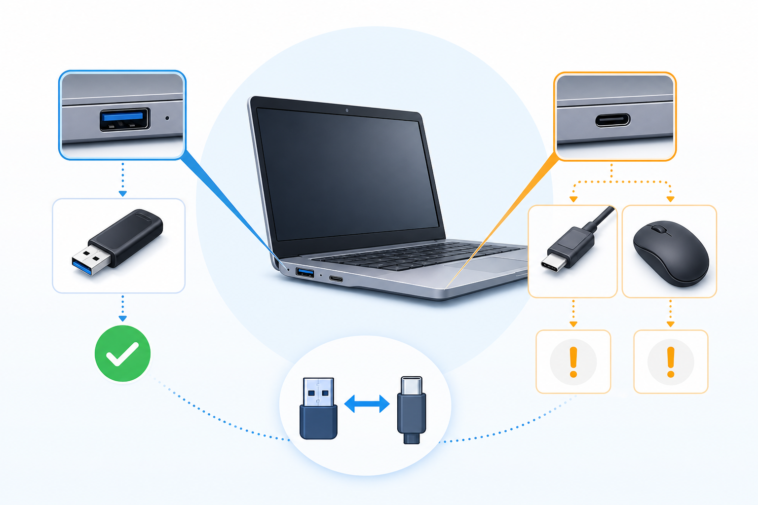 USB-A와 USB-C 포트 인식 상태를 비교한 설명형 일러스트