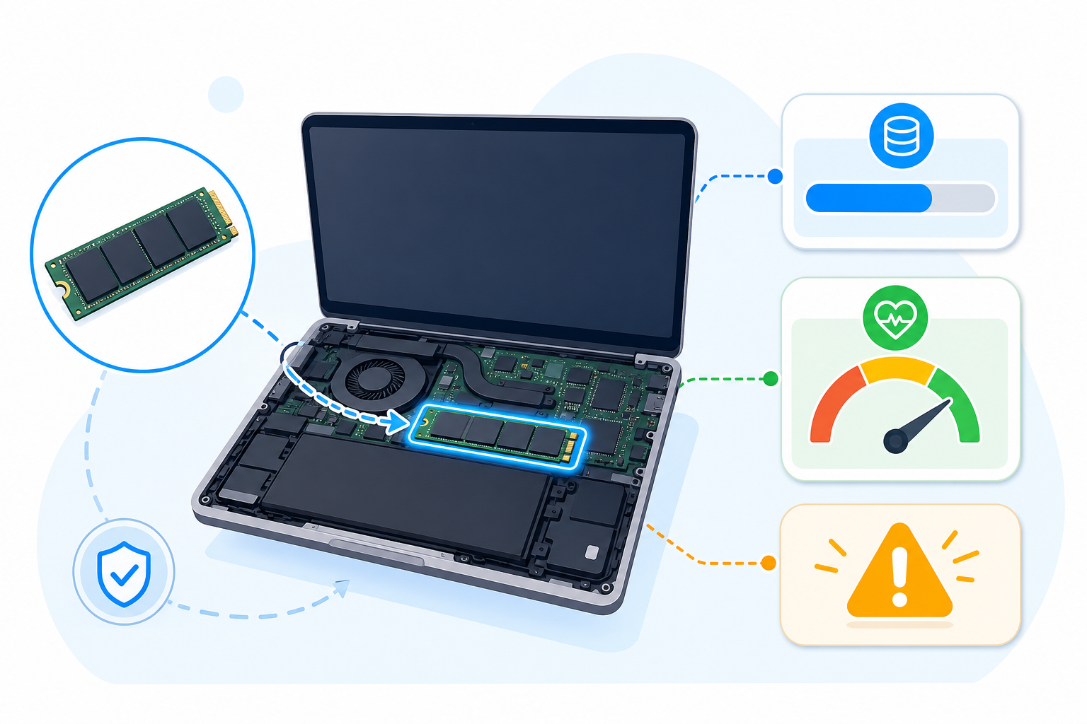 중고 노트북 SSD 용량과 건강 상태를 보여주는 설명형 일러스트
